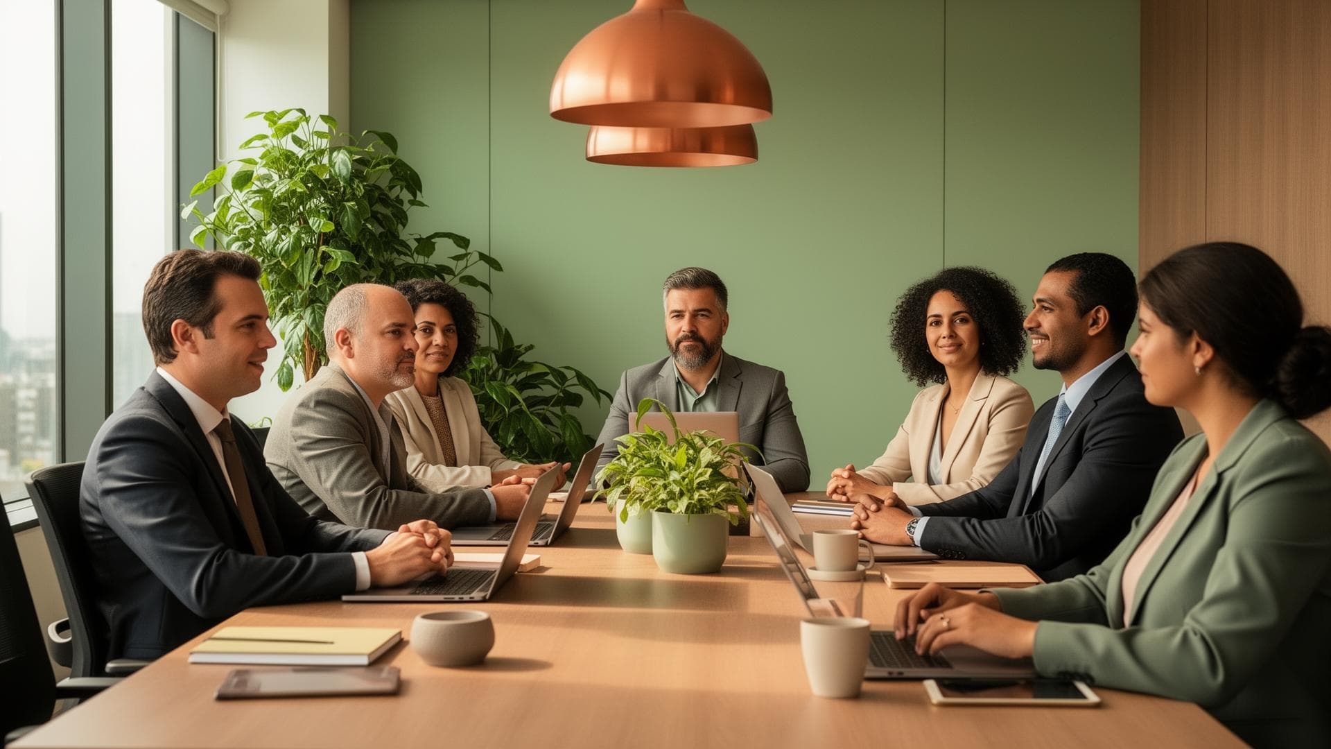 Equipe corporativa em reunião.